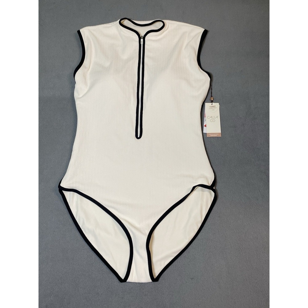 Lycra Xtra Life White Ribbed Paddlesuit Sleeveless Front Zip Swimsuit NWT Womens